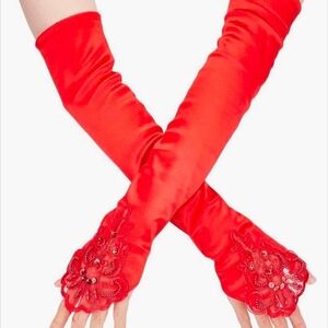 New Red Fingerless Vintage Flower Pierced Elbow Length Satin Gloves